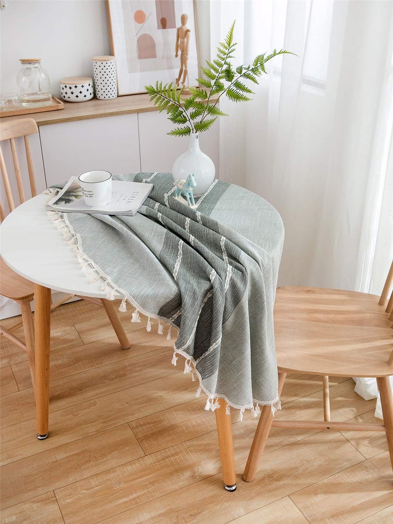 Dimatic Heavy Weight Cotton Linen Tablecloth - Round 60 Inch Tablecloth - Tassel Stitching Table Cover for Kitchen Dining Room Tabletop Decoration - Gray - Image 5